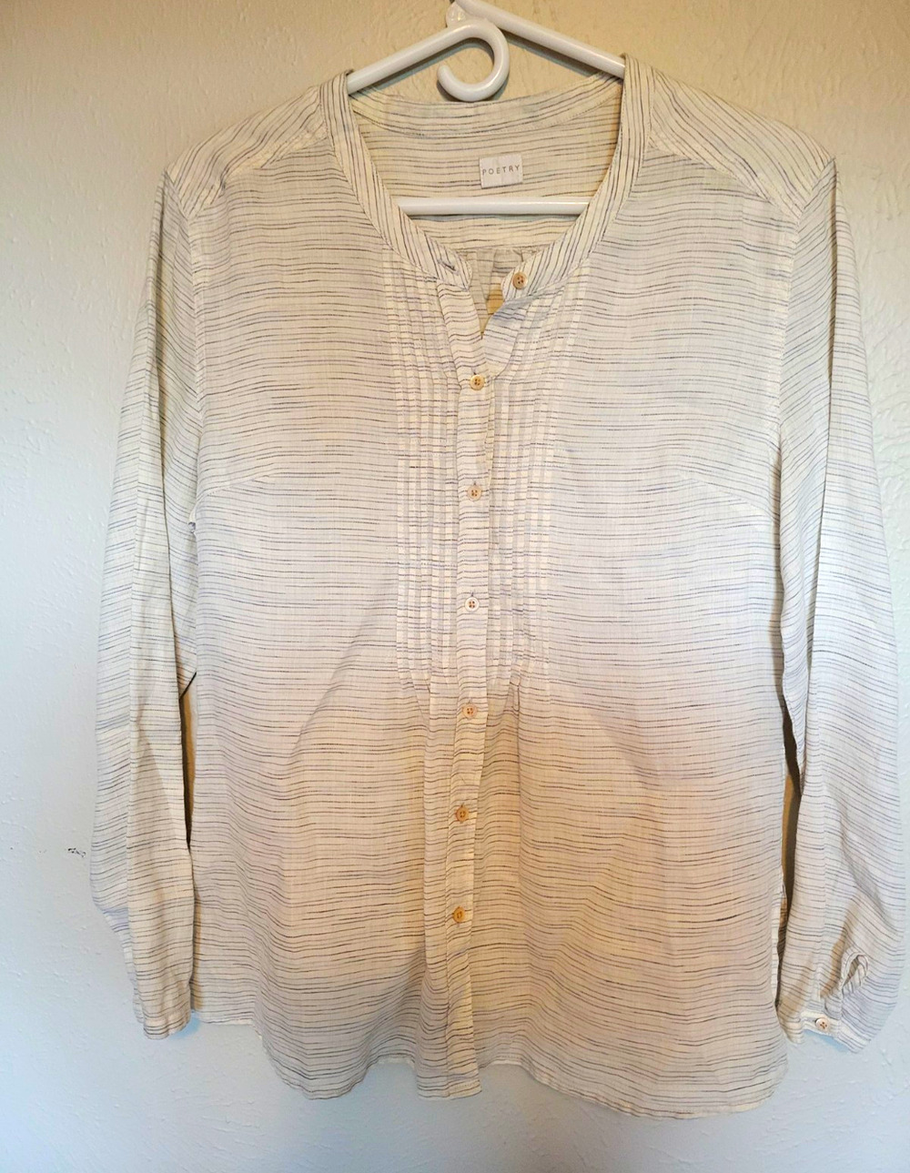 Poetry Striped Tunic Blouse Womens M White/Blue Long Sleeve Button Ramie